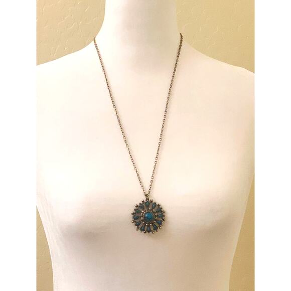 Vintage Turquoise Native American Style Medallion Pendant Necklace, 24" Long - Picture 2 of 10